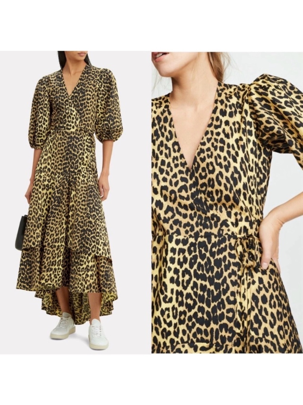 GANNI Designer Bijou Leopard Wrap Maxi Dress Puff Sleeve 36